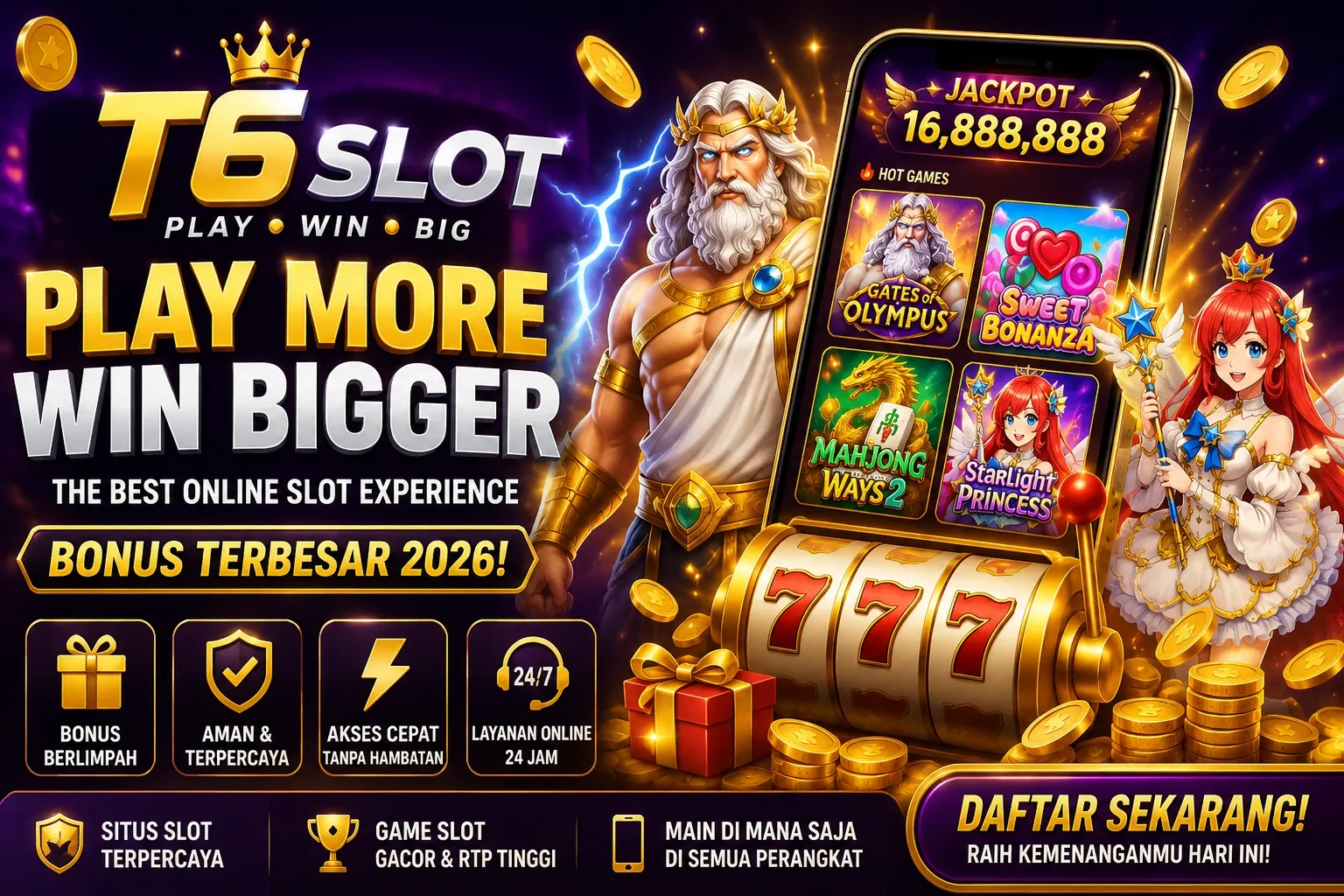 Banner promosi T6 Slot menampilkan bonus terbesar 2026, game slot populer RTP tinggi, jackpot besar, dan tampilan casino online modern dengan nuansa emas dan ungu.